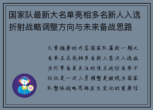 国家队最新大名单亮相多名新人入选折射战略调整方向与未来备战思路